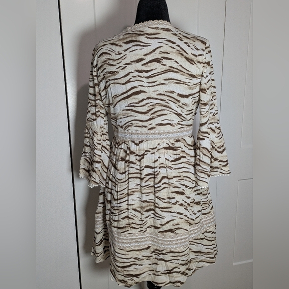Inc New Women's Tiger Print Bell Sleeve Mini Boho Festival Dress, Size M Beige - Picture 14 of 16